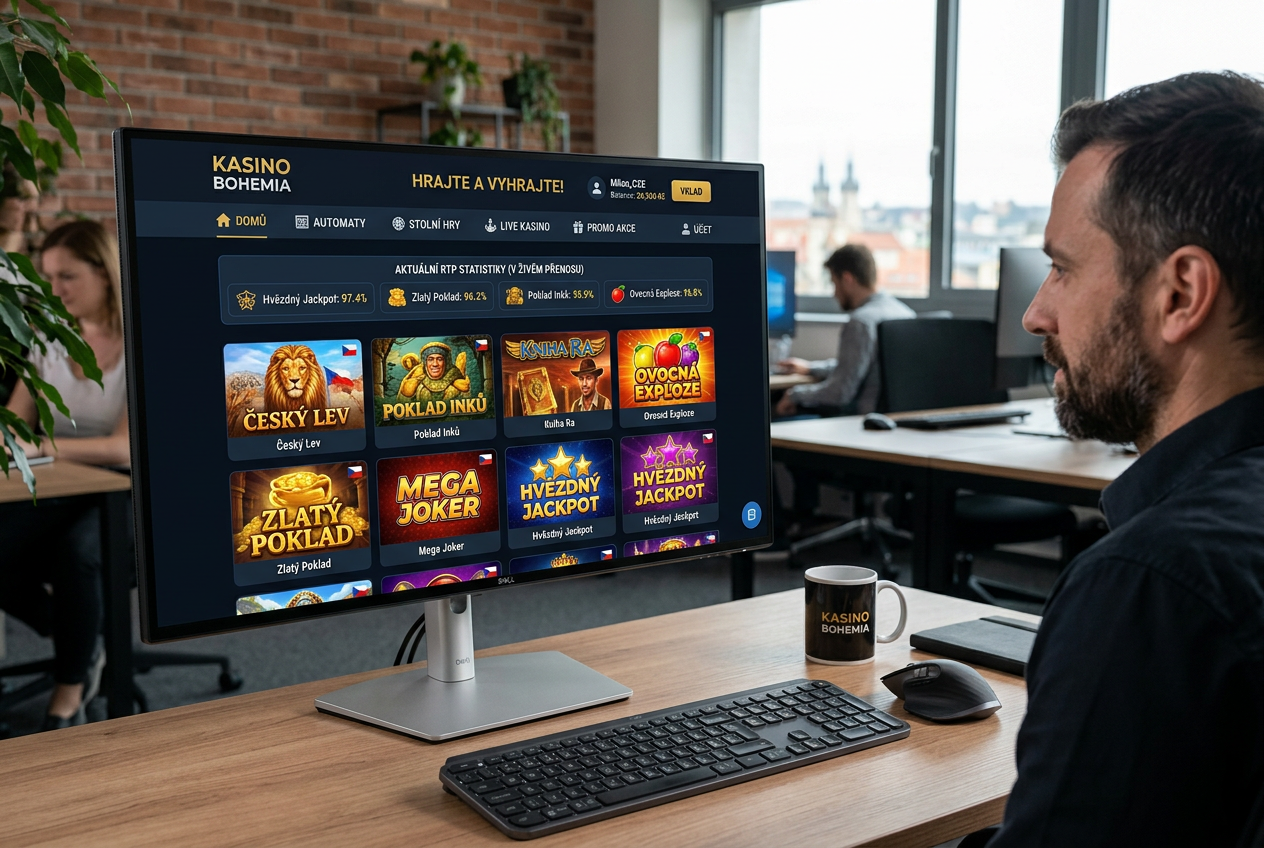 Moderní rozhraní online kasina s přehledem výherních automatů a analytickými grafy na obrazovce