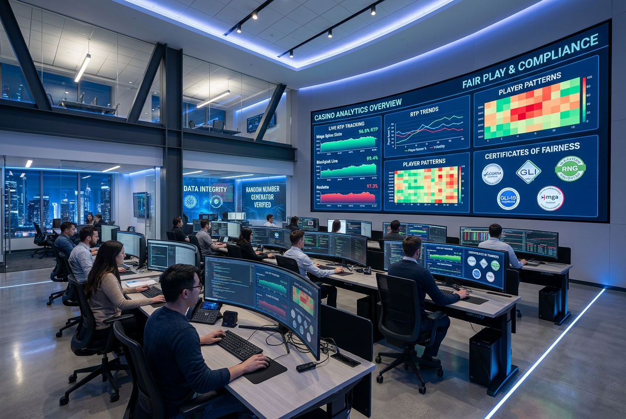 Moderní datové centrum monitorující férovost her a bezpečnost transakcí v online kasinu
