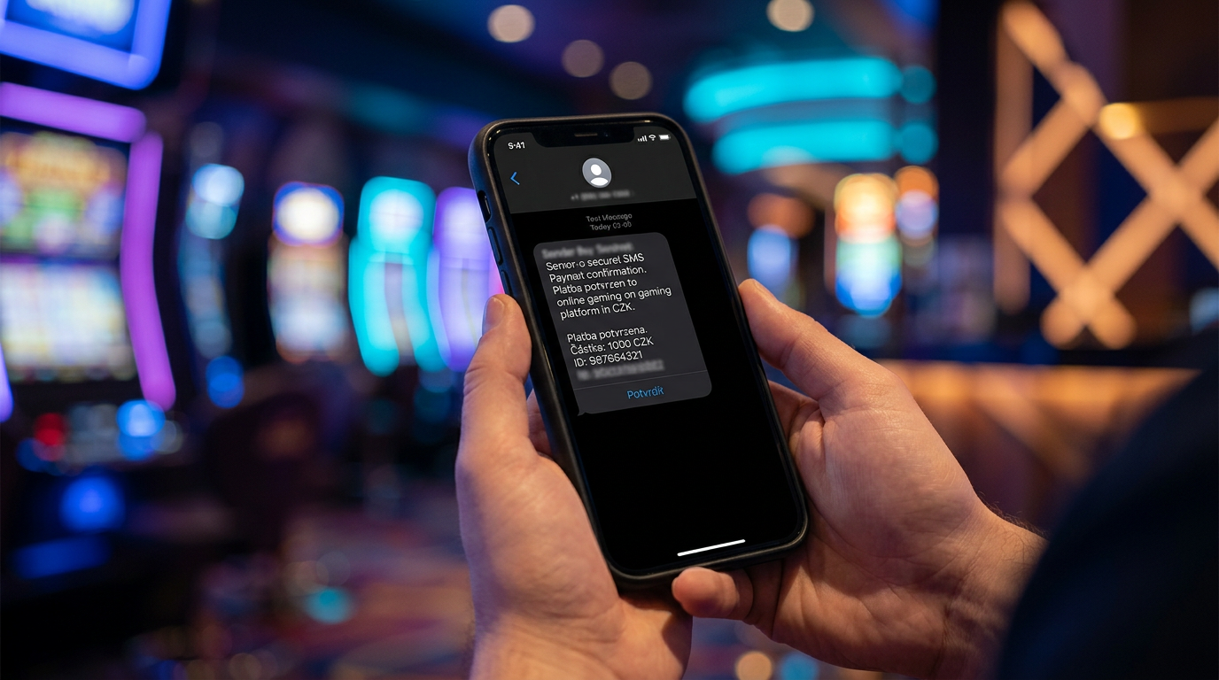 Smartphone zobrazující potvrzení SMS vkladu do online casina v CZK