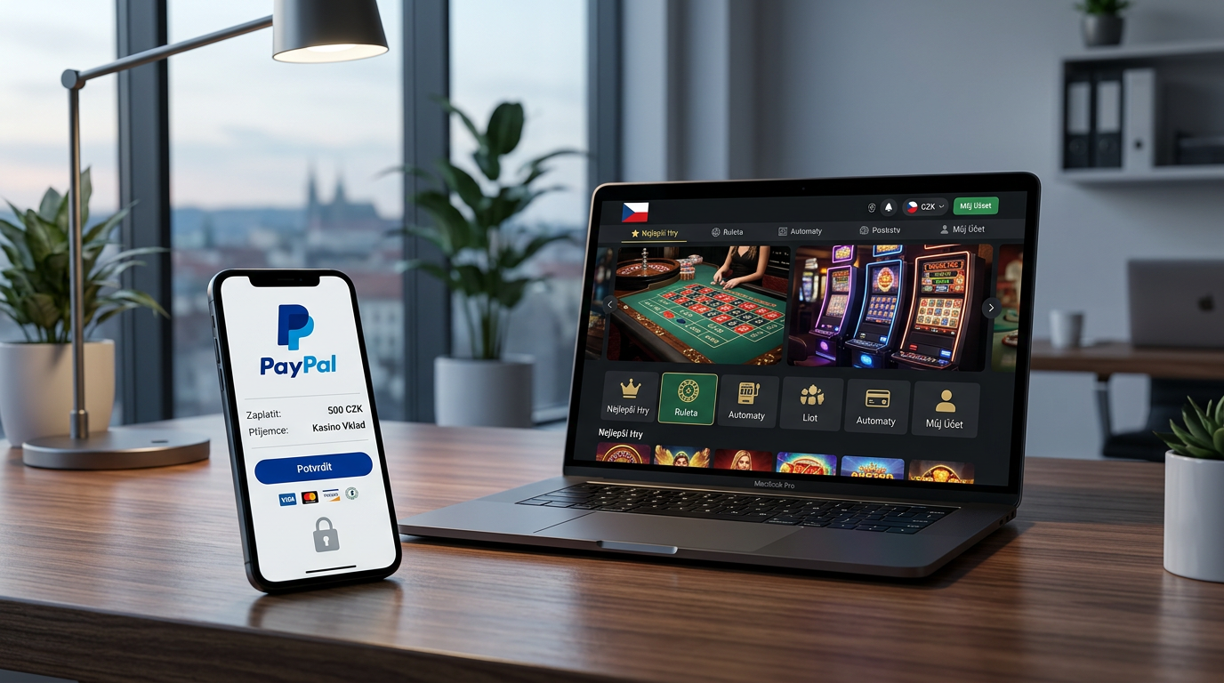 Digitální platba PayPal v online kasinu na mobilním telefonu a notebooku