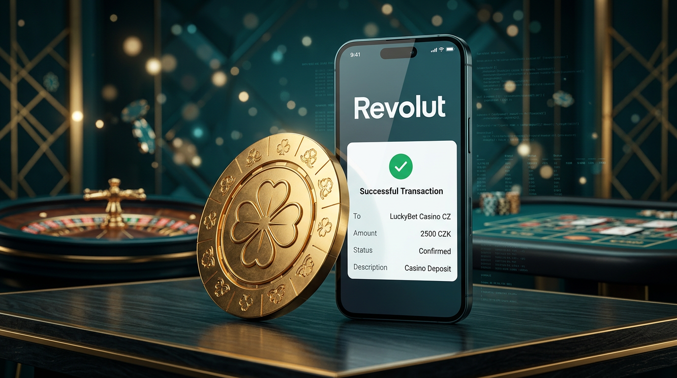 Revolut casino platby a zlatý herní žeton na digitálním pozadí