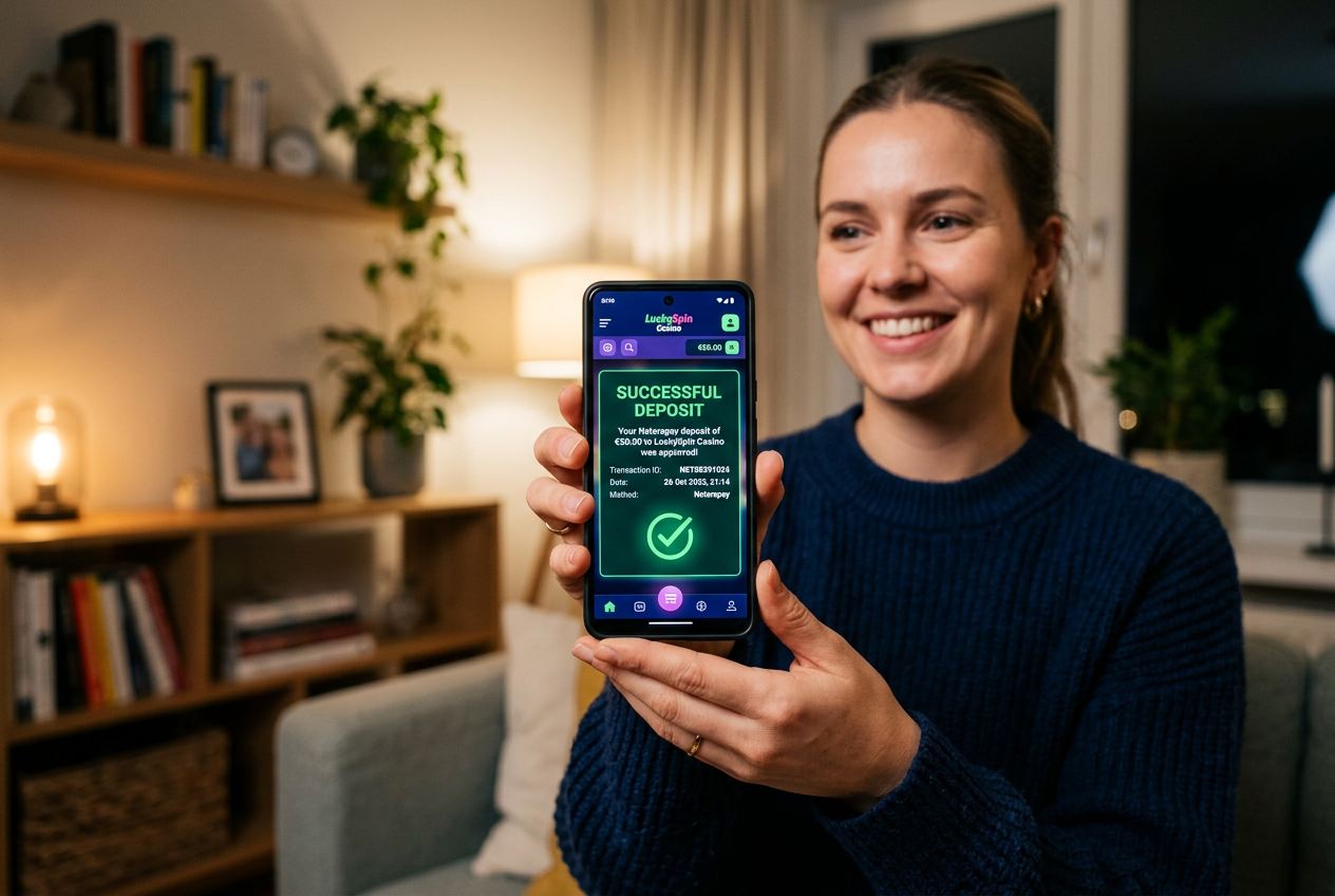 Hráč ovládající mobilní aplikaci kasina s potvrzením vkladu přes Neterapay