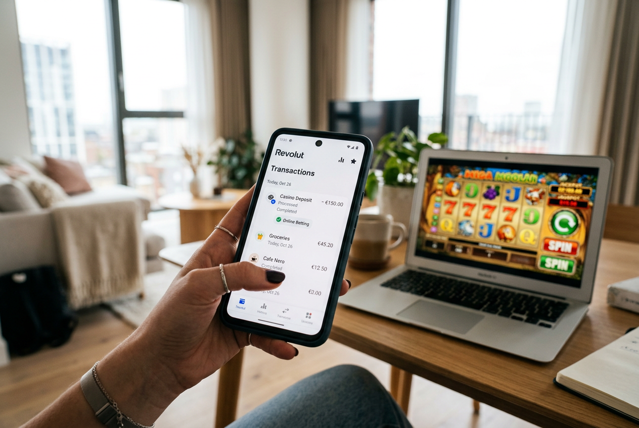 Mobilní aplikace Revolut potvrzující transakci do online casina na pozadí herního rozhraní