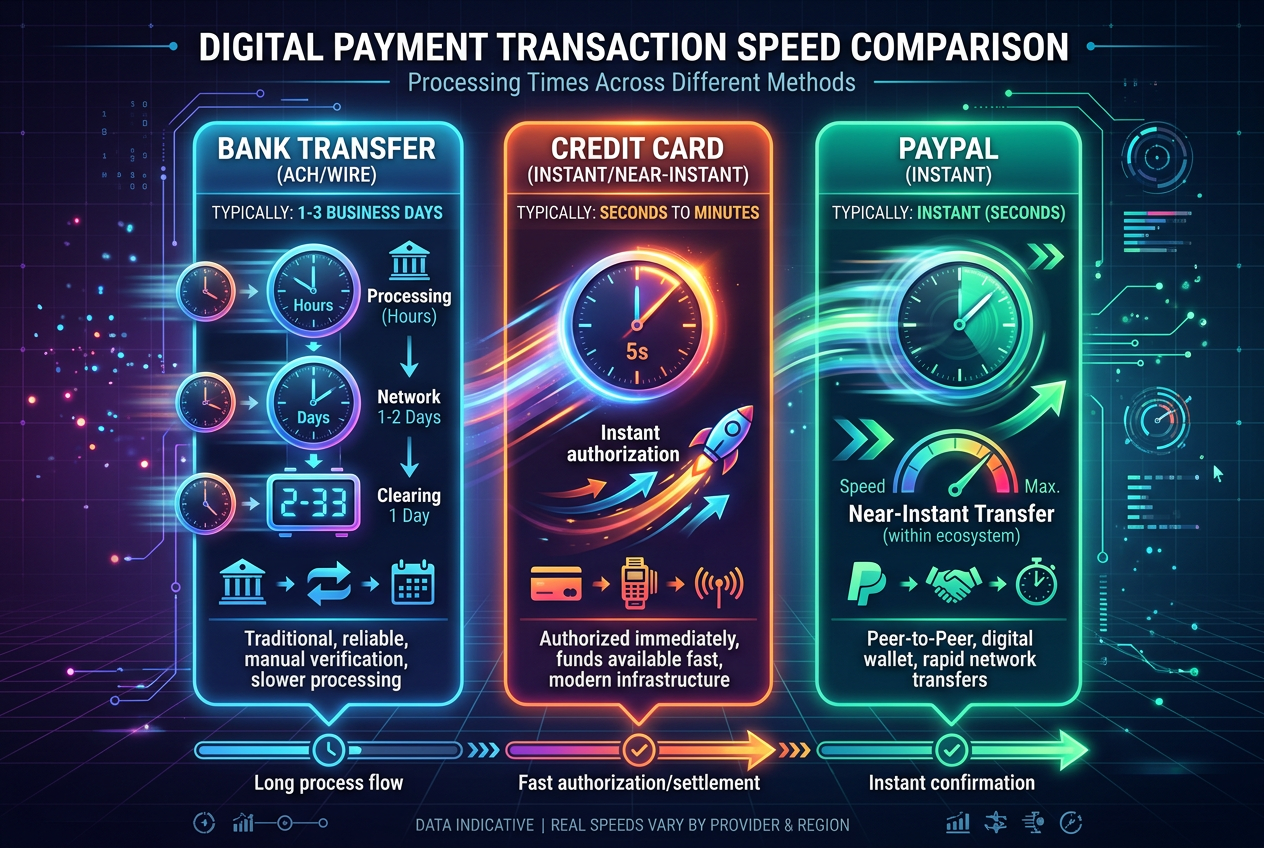 Infografika porovnávající rychlost transakcí PayPalu oproti bankovnímu převodu